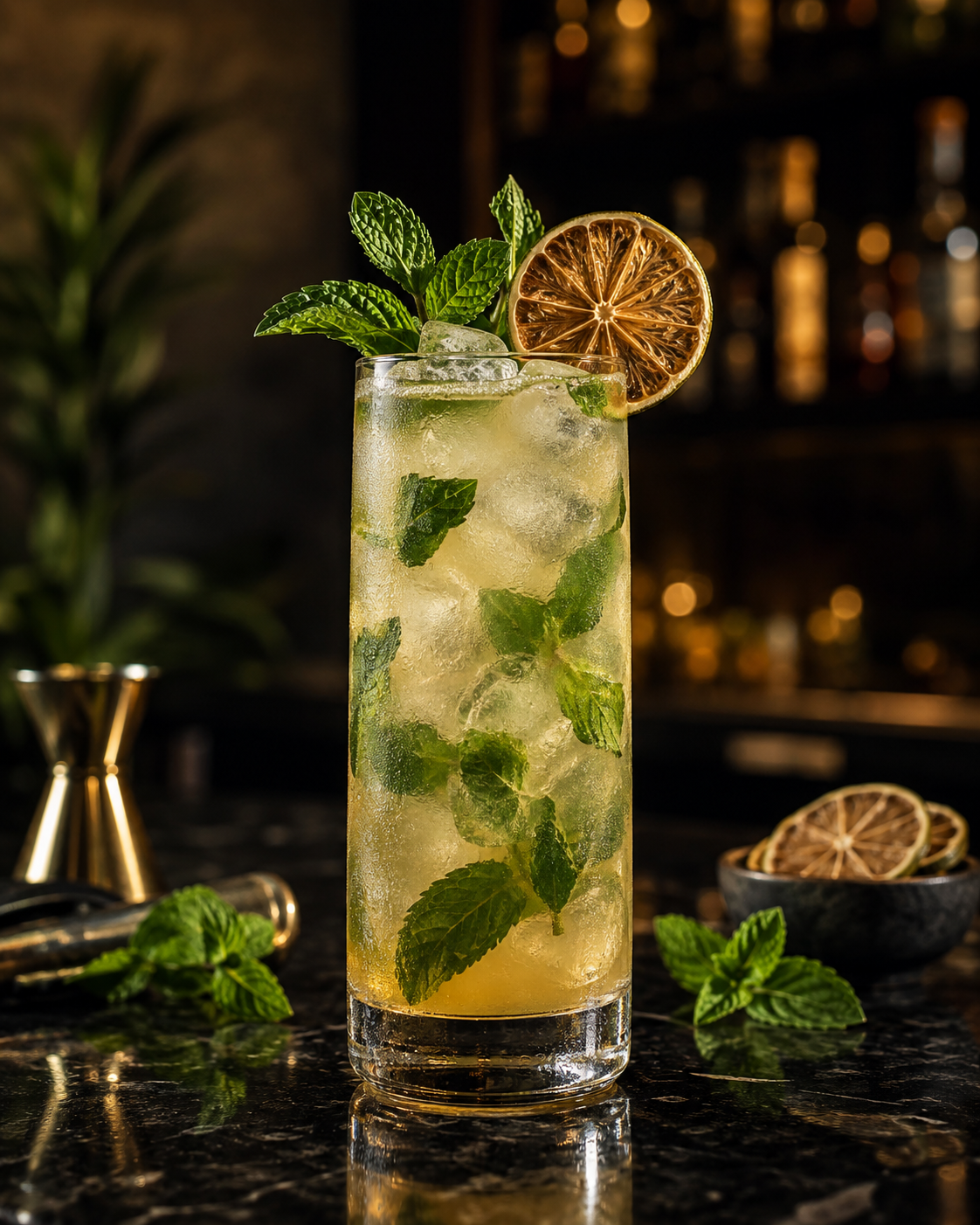 Classic mojito in a highball glass with mint, ice and an Ember Botanicals dried lime garnish