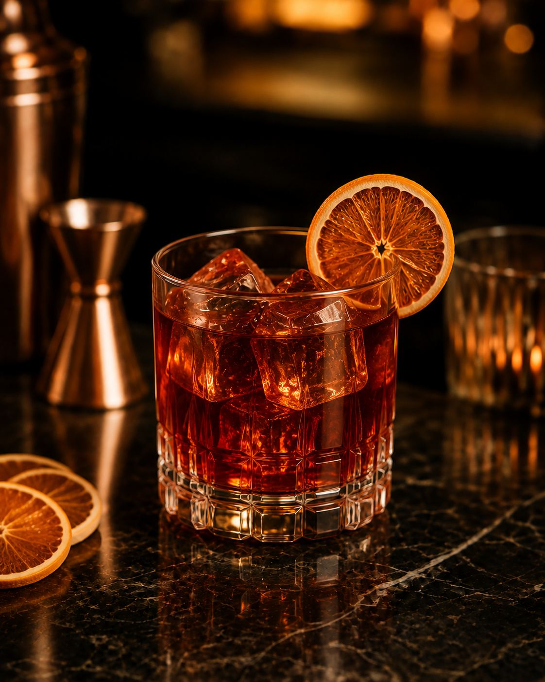 Negroni in a rocks glass with ice and a dried orange garnish on a dark marble bar.