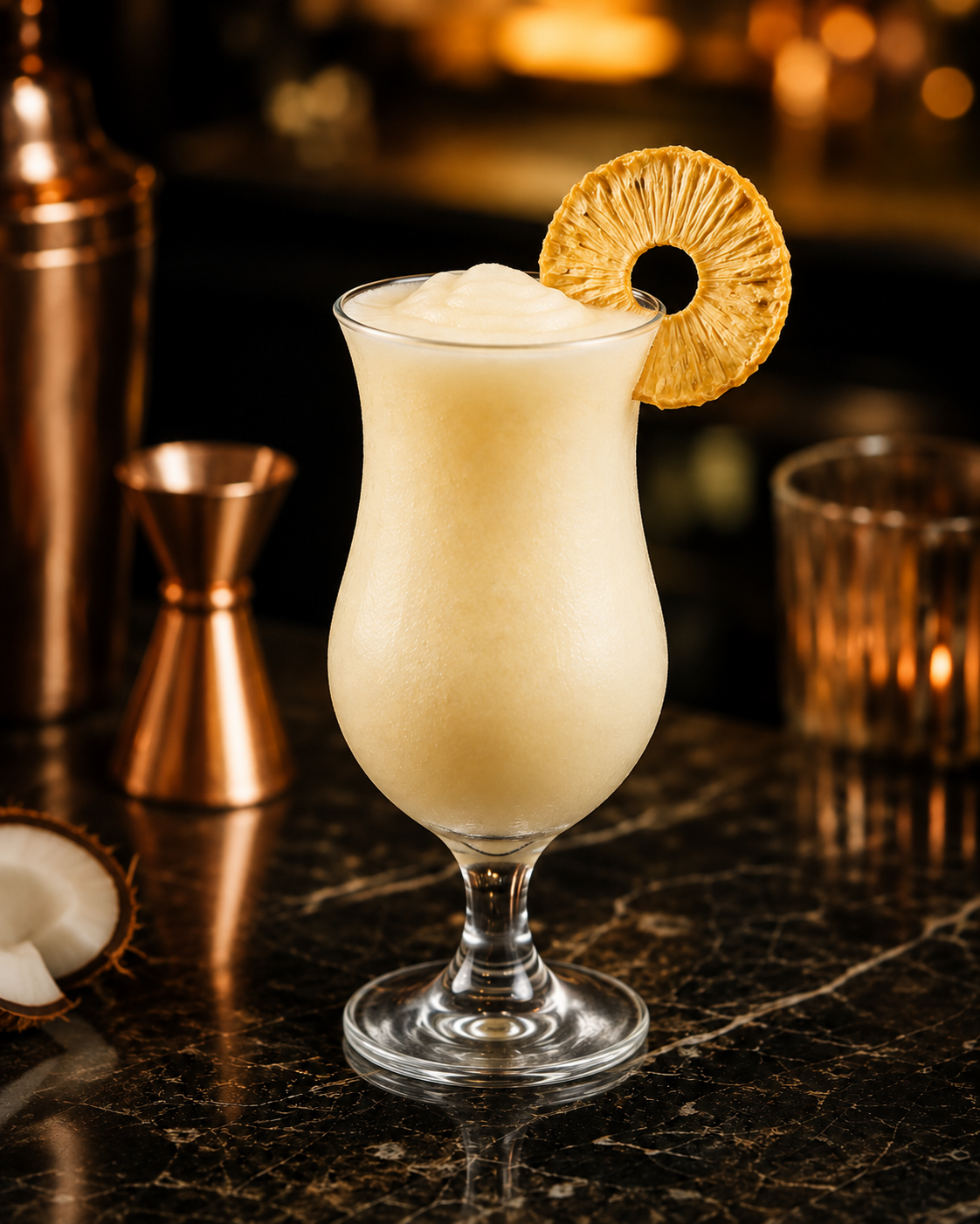Piña Colada in a hurricane glass with an Ember Botanicals dried pineapple garnish.