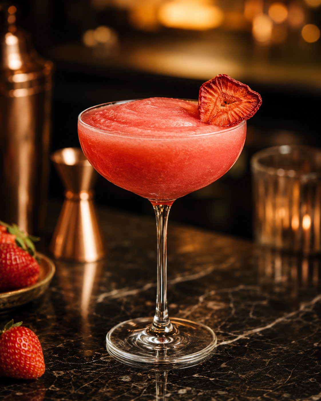 Strawberry daiquiri in a coupe glass with an Ember Botanicals dried strawberry garnish