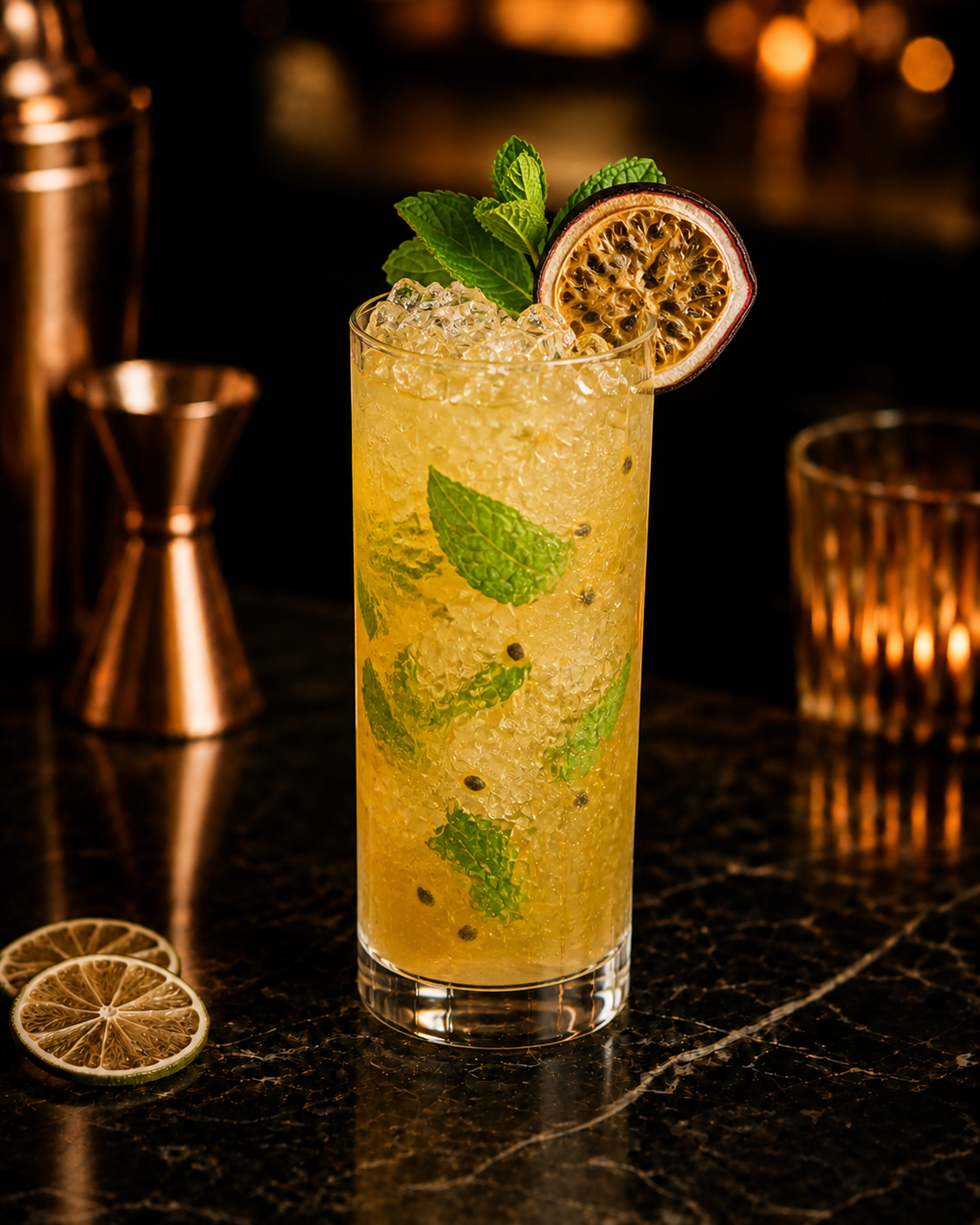 Passion Fruit Mojito in a highball glass with crushed ice, mint and a dried passion fruit garnish on a dark marble bar.
