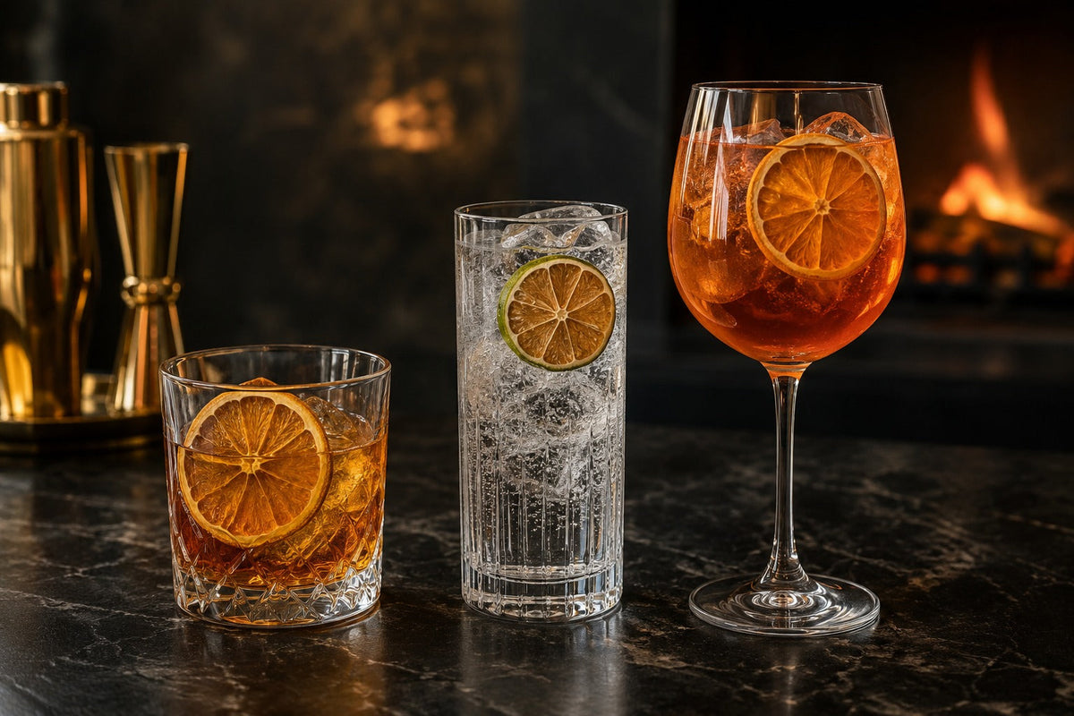 Easy homemade cocktails with dehydrated orange and lime wheels on a dark home bar