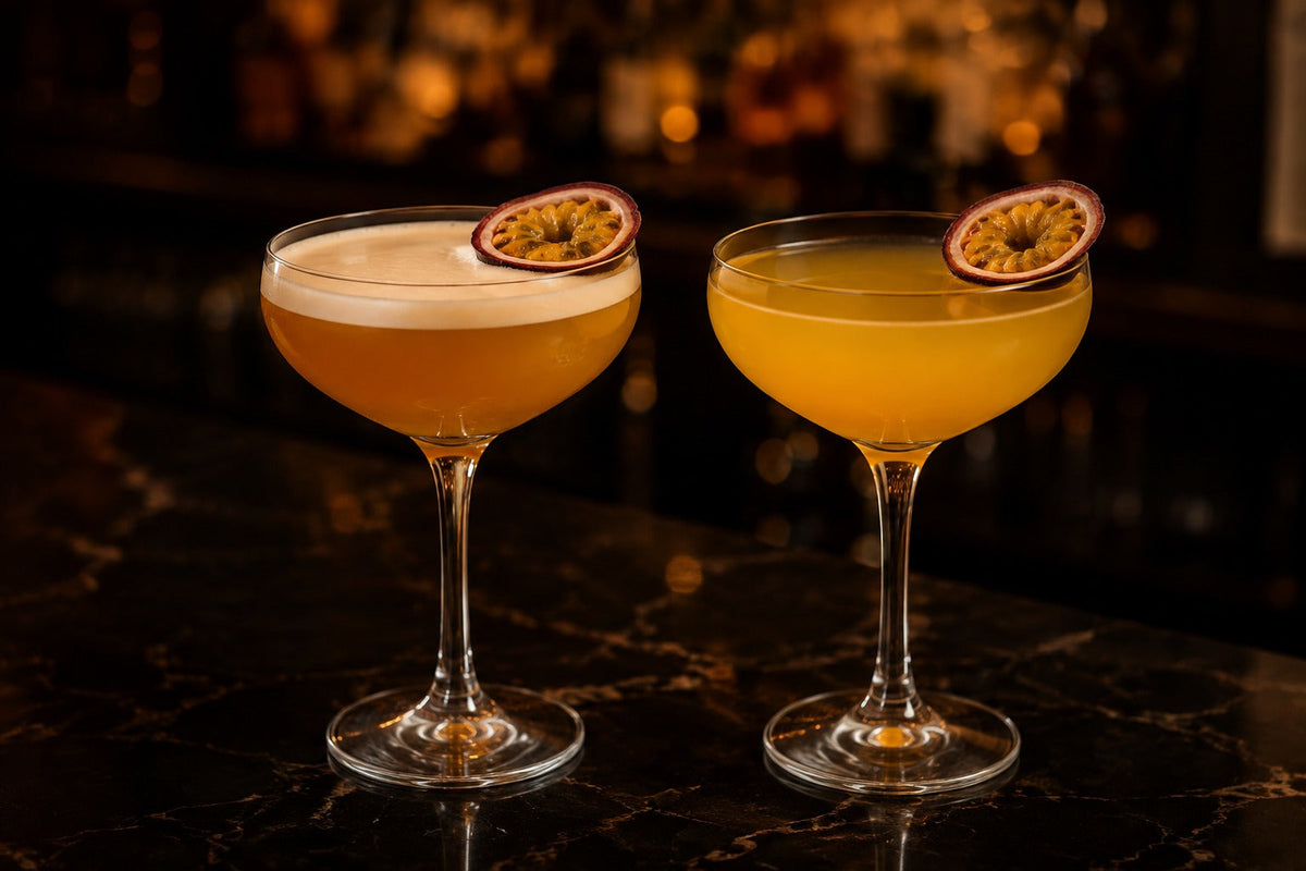 Pornstar Martini and alcohol-free passion fruit martini with dried passion fruit halves