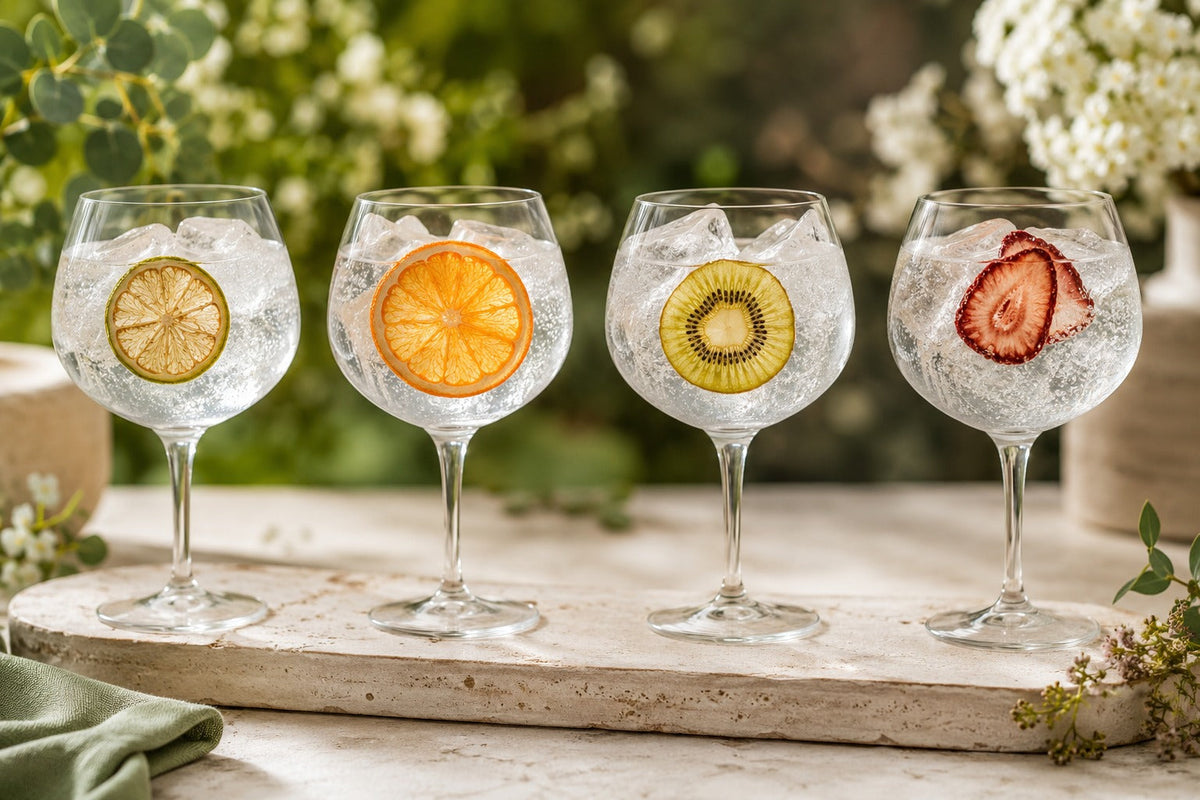 Four gin and tonic glasses with dehydrated lime orange kiwi and strawberry garnish