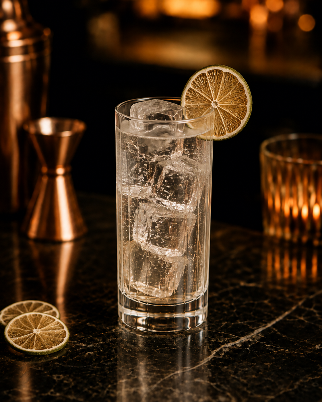 Gin and tonic in a highball glass with ice and a dried lime wheel on a dark marble bar.