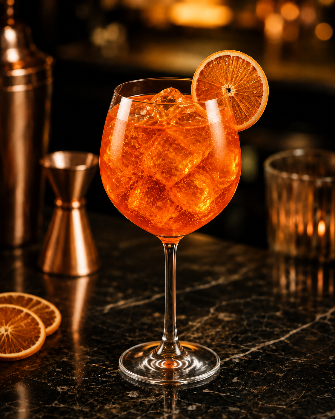 Aperol Spritz in a wine glass with ice and a dried orange garnish on a dark marble bar.
