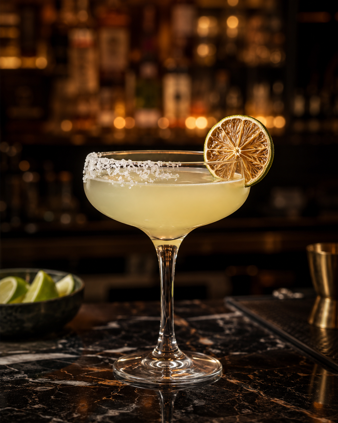 Classic margarita with a salted rim and Ember Botanicals dried lime garnish