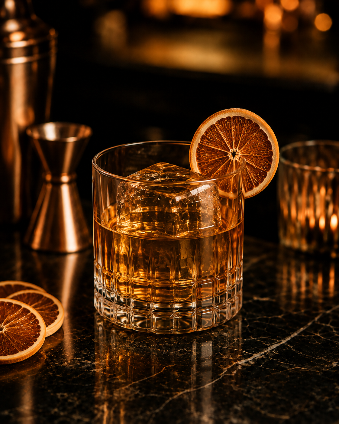 Old Fashioned cocktail in a rocks glass with a large ice cube and dried orange wheel on a dark marble bar.