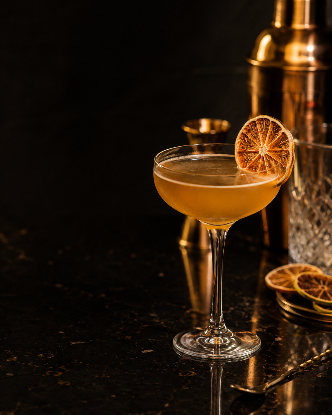 A cocktail finished with a dried citrus garnish on a dark bar