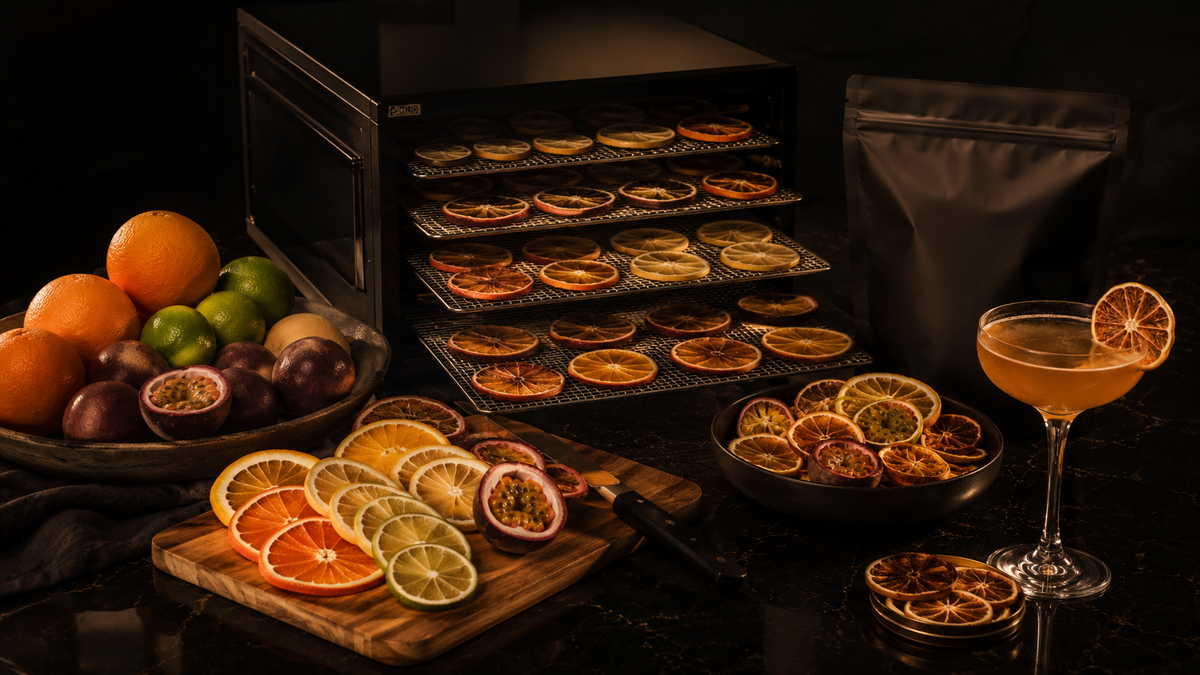 Fresh citrus being sliced and prepared for cocktail garnishes on a dark bar worktop