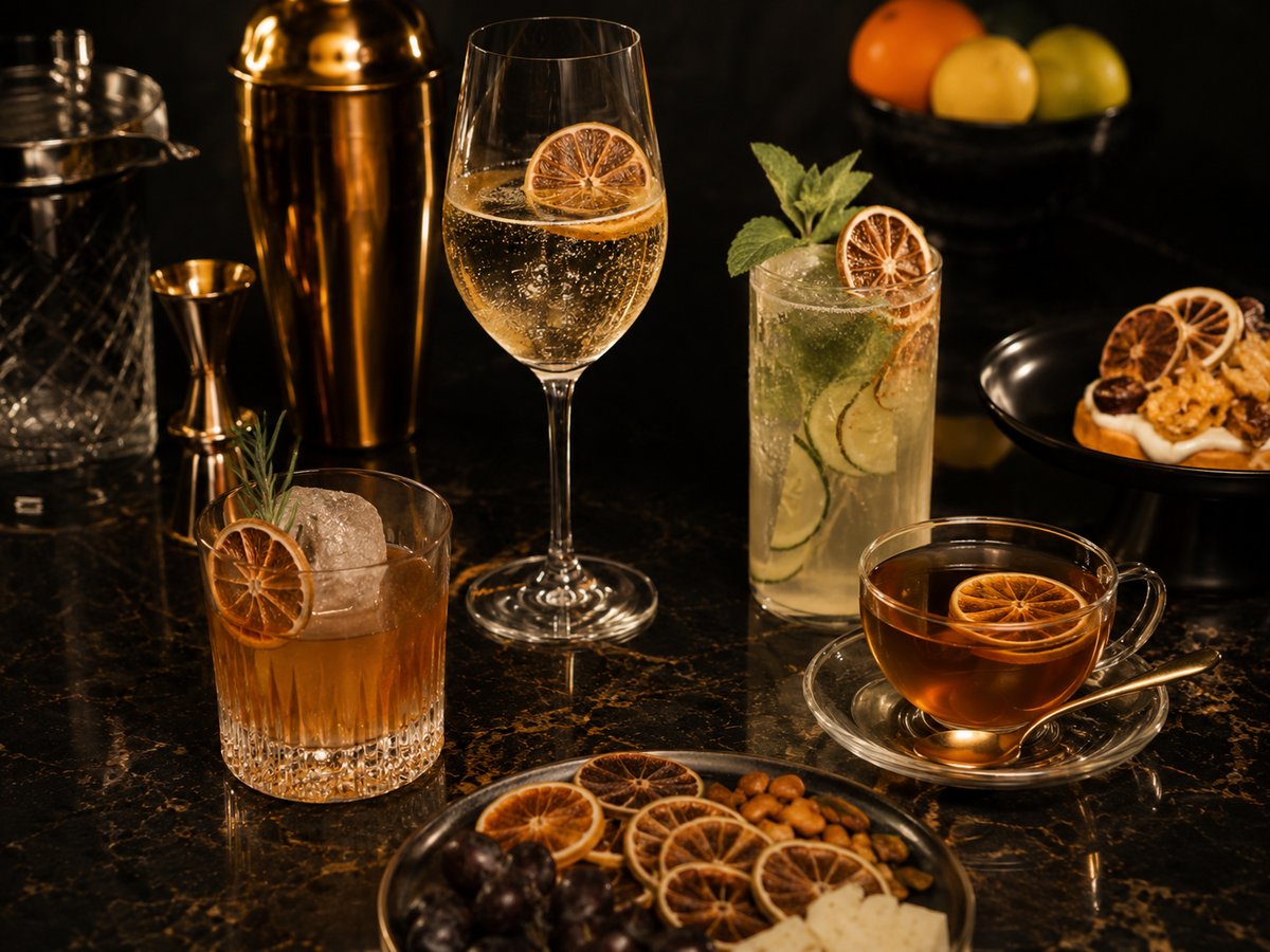 Cocktails, sparkling serves and tea styled with dried fruit garnishes