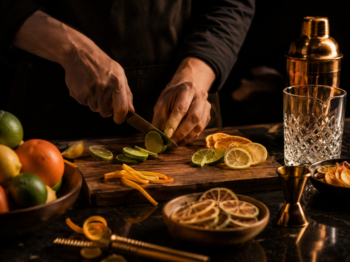 Fresh fruit, sliced citrus, dehydrated garnishes and packaging shown in the Ember garnish process