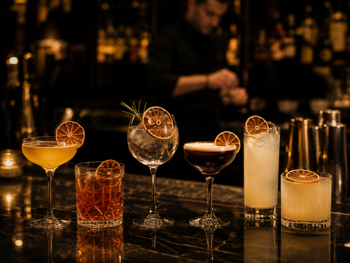 Multiple professionally served cocktails with dried citrus garnishes in a premium bar setting